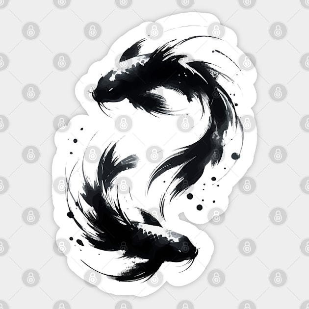 Sumie Brushstroke Two Karasu Black Koi Fish Sticker by TomFrontierArt